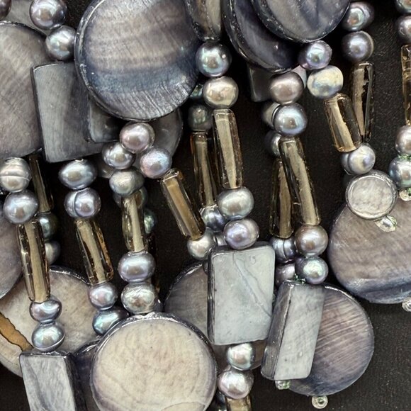 Amphai Handmade Layered Gray Shell MOP Pearls Smoky Quartz Sterling Necklace - Picture 5 of 9